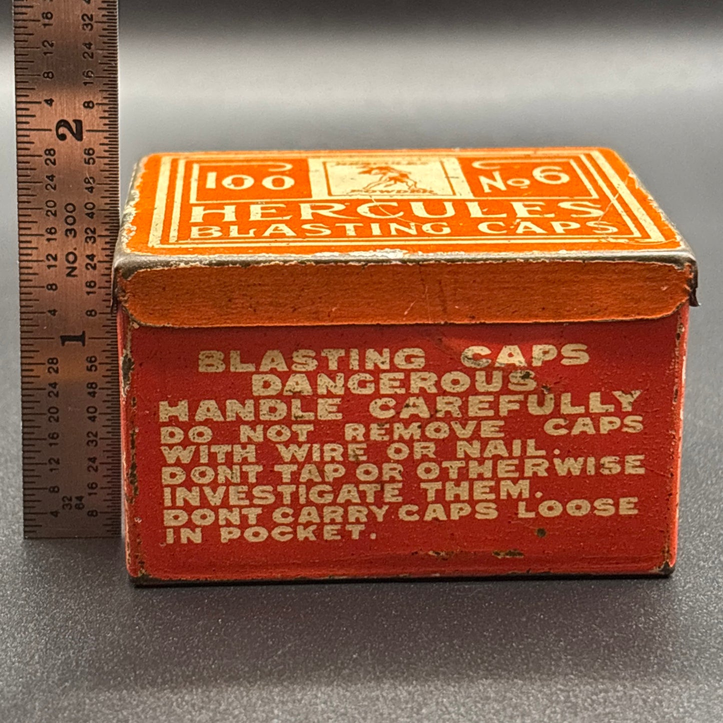Hercules Powder Co. No. 6 Blasting Caps Tin – 100 Count – Vintage Orange