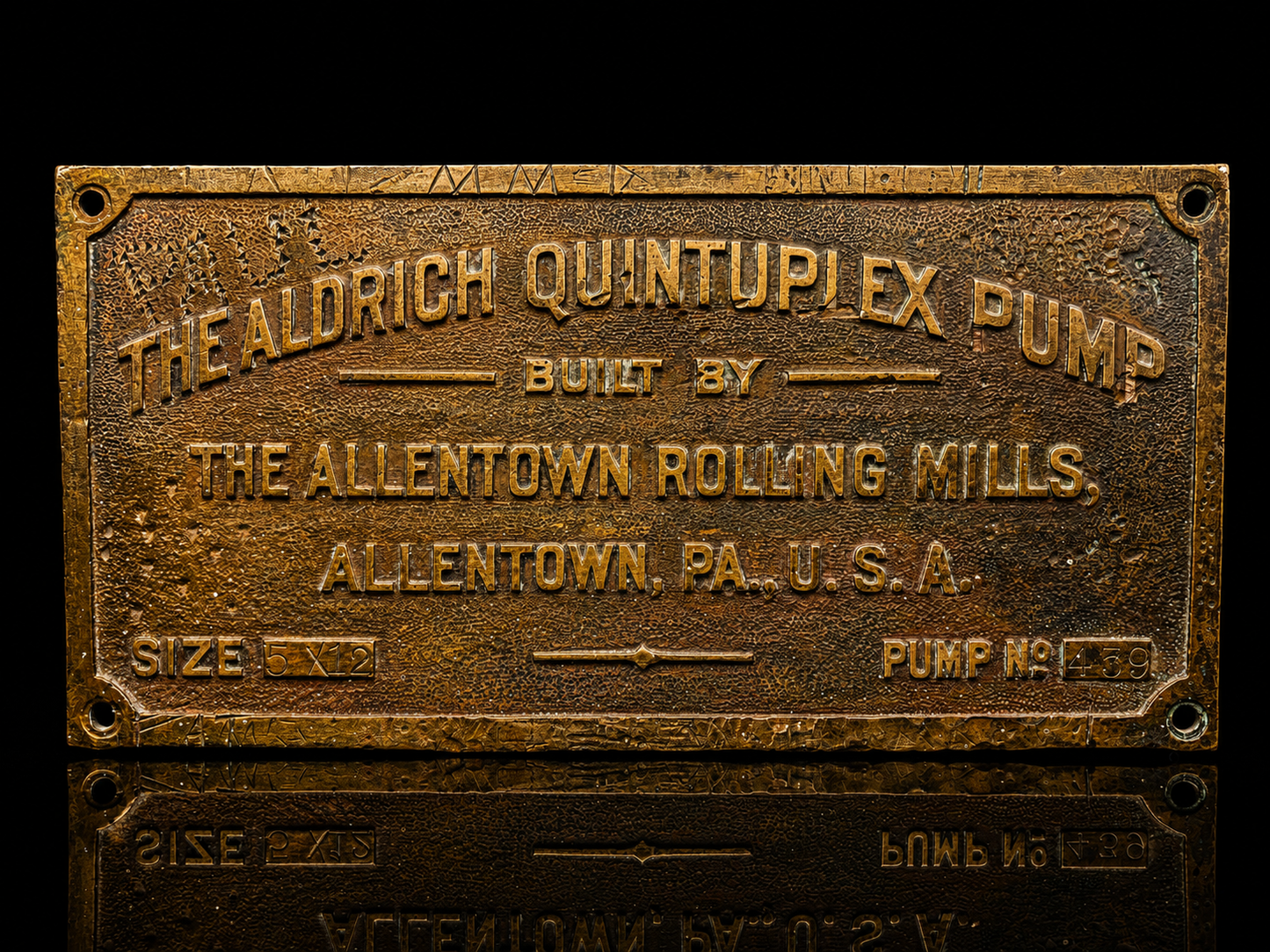 Vintage Aldrich Quintuplex Pump Brass Plate Plaque — Emma Mine California | Allentown Rolling Mills Industrial Mining Sign