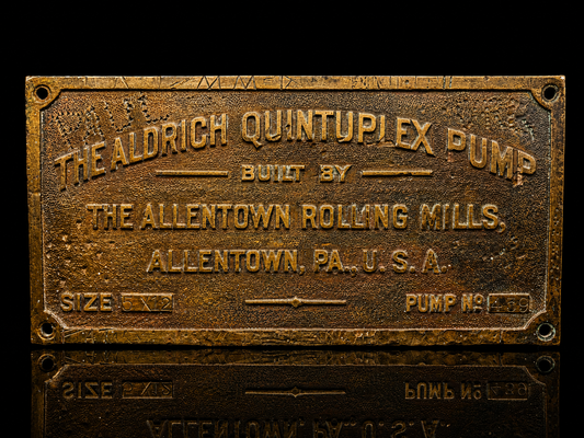 Vintage Aldrich Quintuplex Pump Brass Plate Plaque — Emma Mine California | Allentown Rolling Mills Industrial Mining Sign