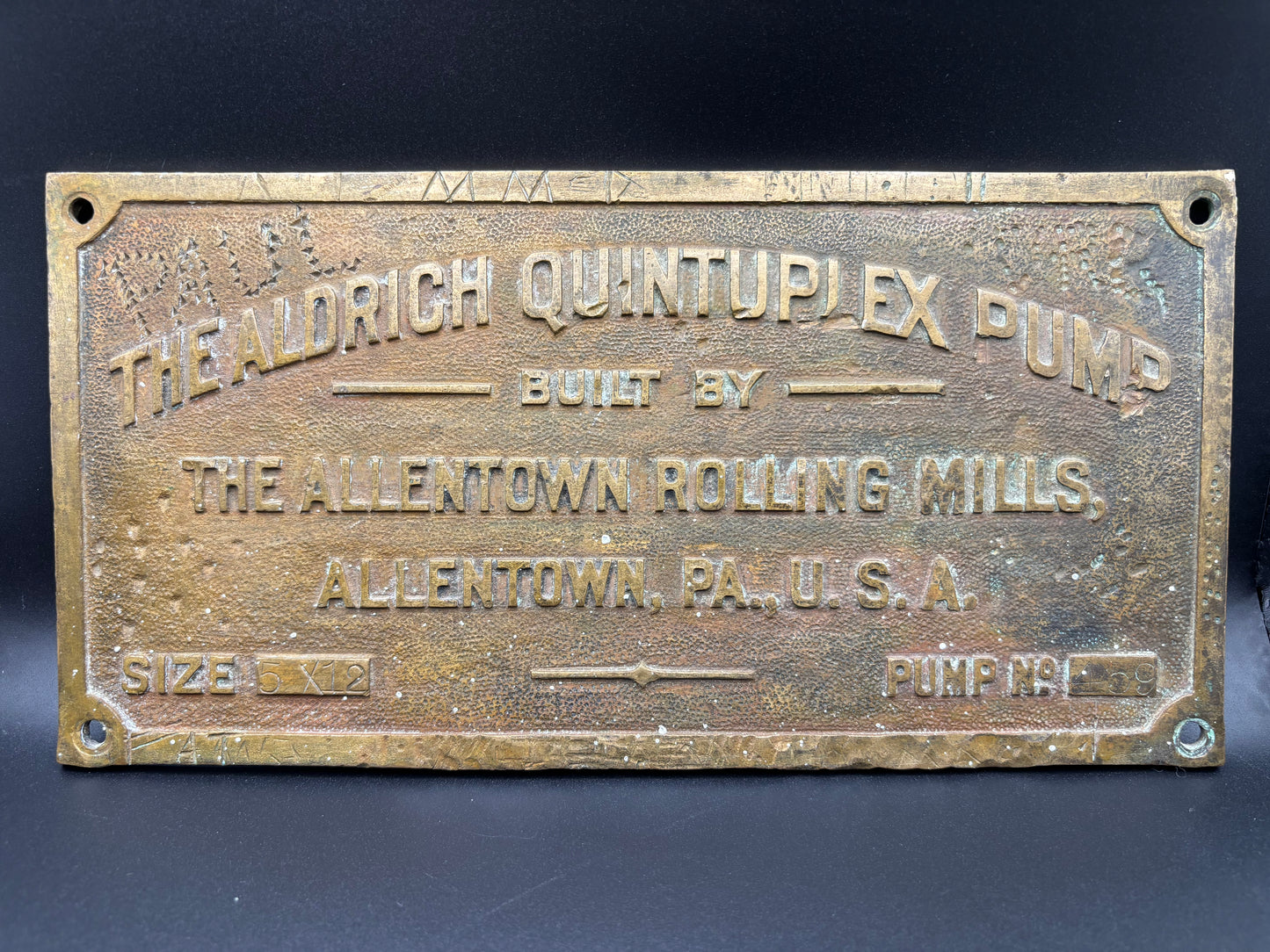 Vintage Aldrich Quintuplex Pump Brass Plate Plaque — Emma Mine California | Allentown Rolling Mills Industrial Mining Sign
