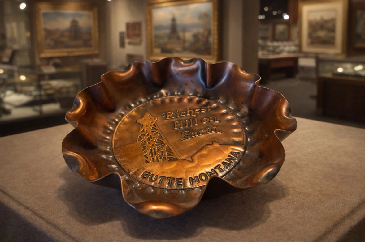 Vintage Butte Montana Copper Ashtray — "Richest Hill on Earth" Mining Headframe Souvenir