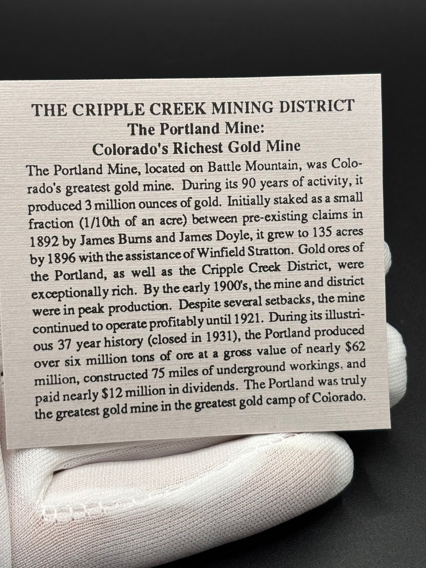 Ex Billy Williams Collection Cripple Creek Mining District .999 Fine Silver Round Portland Mine Victor Colorado