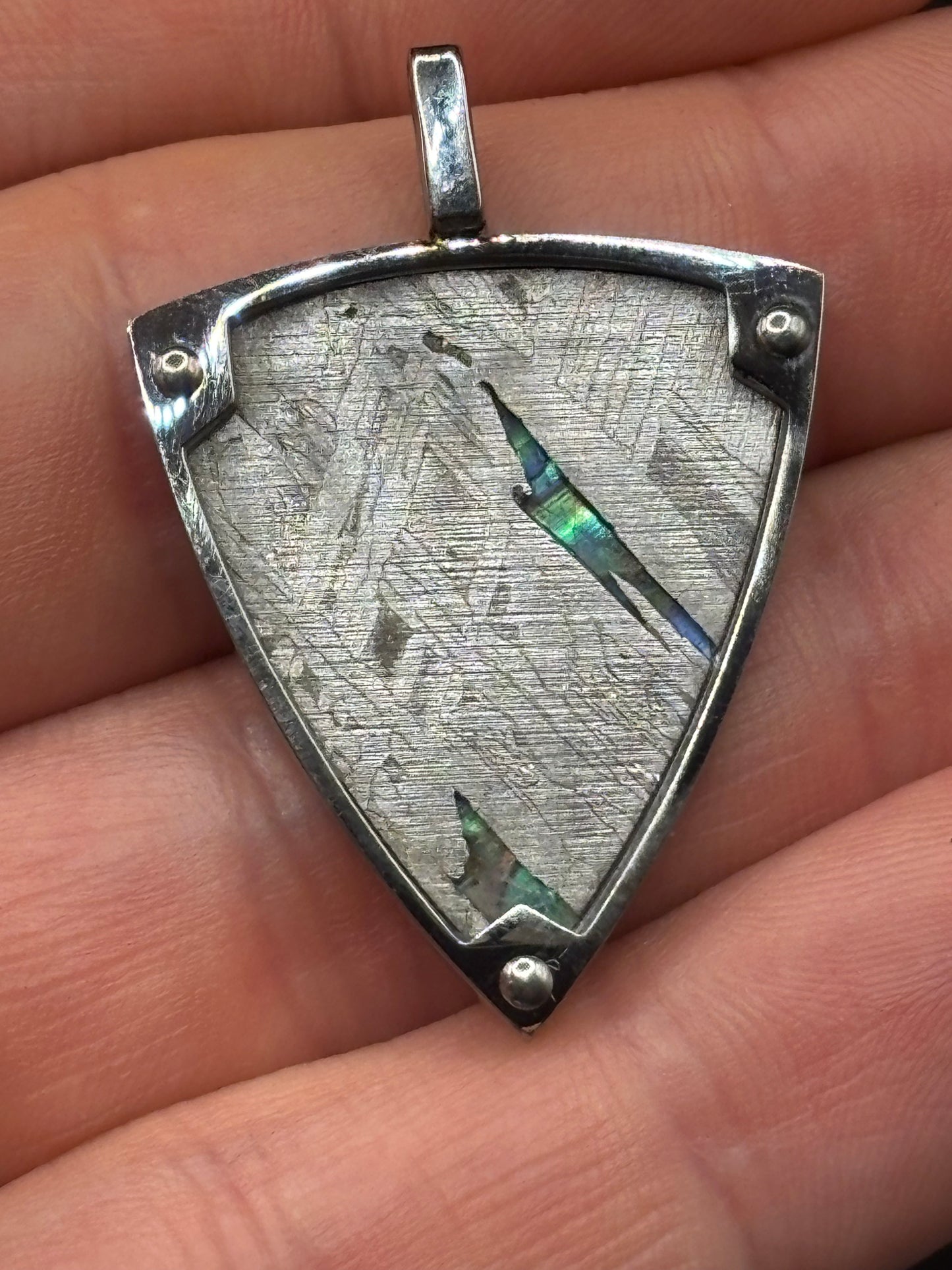 Genuine Aletai Meteorite & Abalone Mother-of-Pearl Pendant – Authentic Iron Meteorite Jewelry