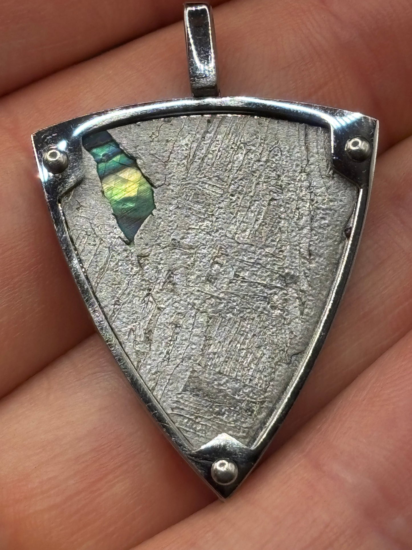 Genuine Aletai Meteorite & Abalone Mother-of-Pearl Pendant – Authentic Iron Meteorite Jewelry