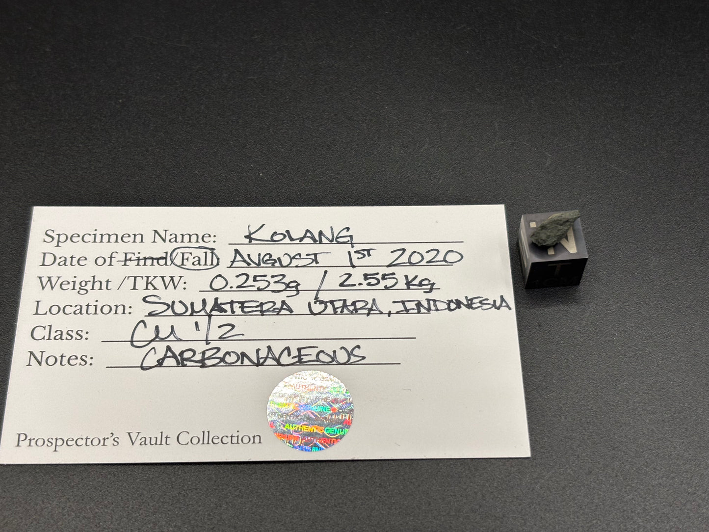 Kolang Meteorite Specimen Historic 2020 Confirmed Fall Official Hammer Stone CM1/2 Carbonaceous Chondrite