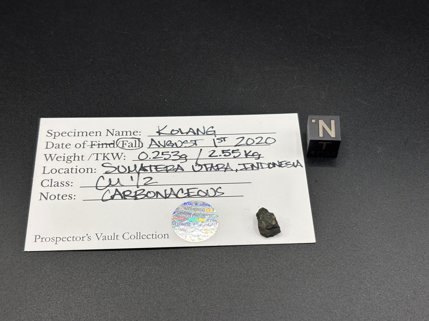 Kolang Meteorite Specimen Historic 2020 Confirmed Fall Official Hammer Stone CM1/2 Carbonaceous Chondrite