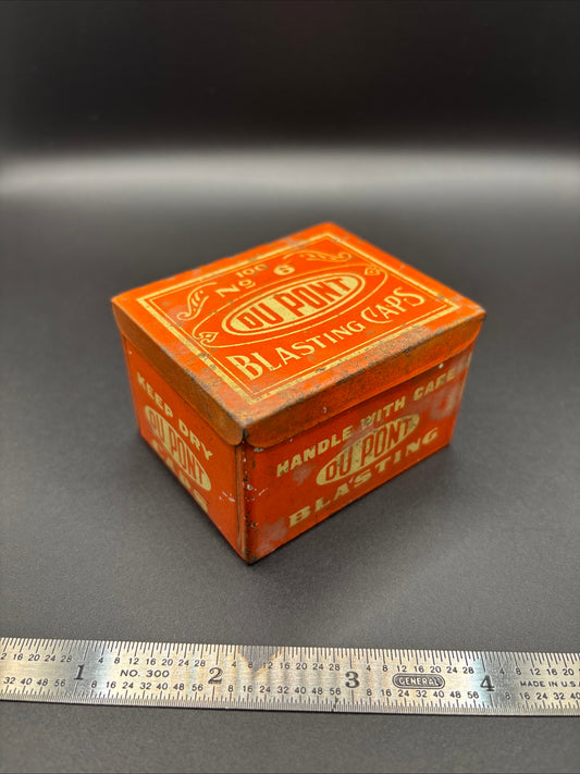 Vintage DuPont Blasting Caps Tin No. 6 – Mining Explosives Container – Industrial Mining Relic