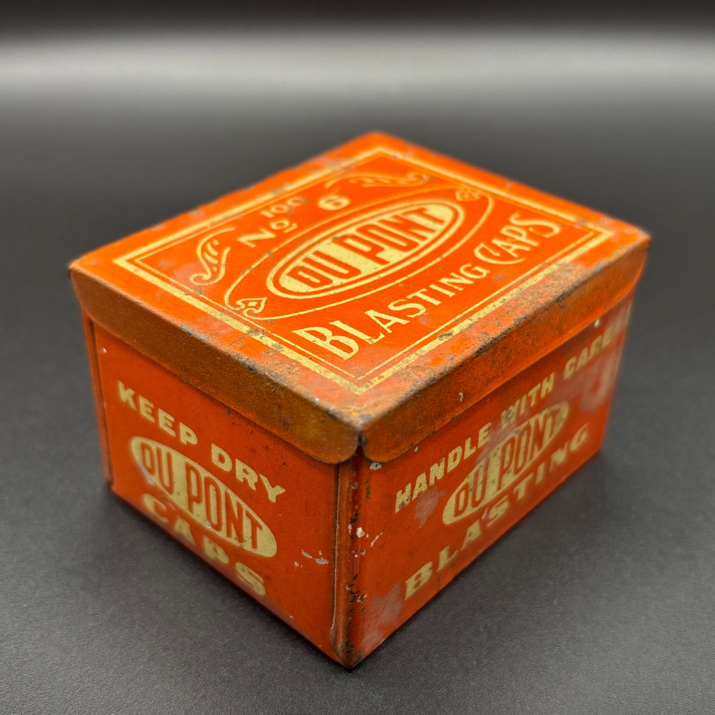 Vintage DuPont Blasting Caps Tin No. 6 – Mining Explosives Container – Industrial Mining Relic