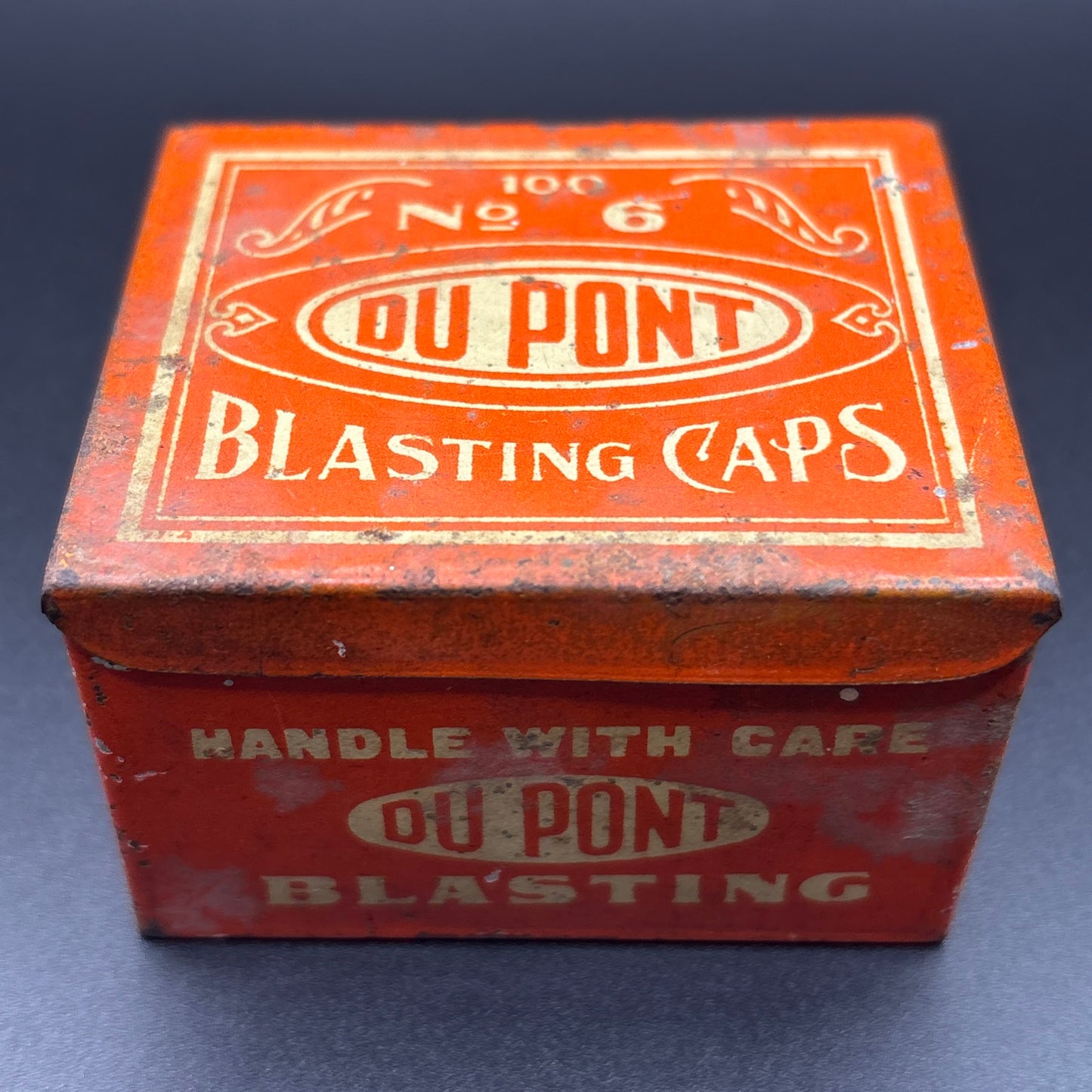 Vintage DuPont Blasting Caps Tin No. 6 – Mining Explosives Container – Industrial Mining Relic