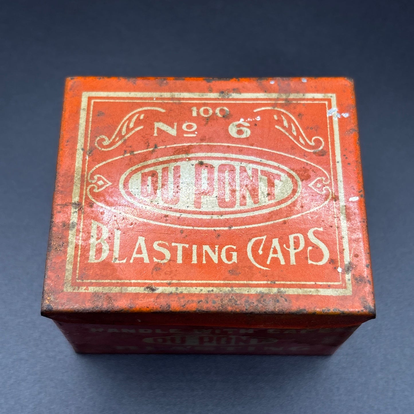 Vintage DuPont Blasting Caps Tin No. 6 – Mining Explosives Container – Industrial Mining Relic