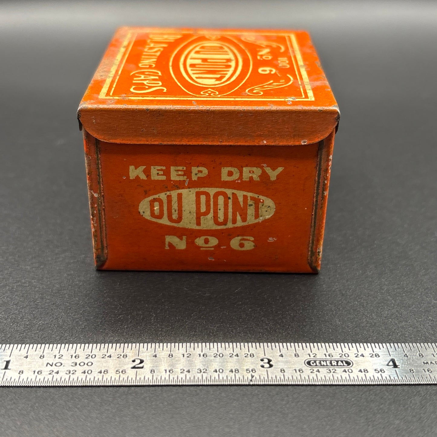 Vintage DuPont Blasting Caps Tin No. 6 – Mining Explosives Container – Industrial Mining Relic