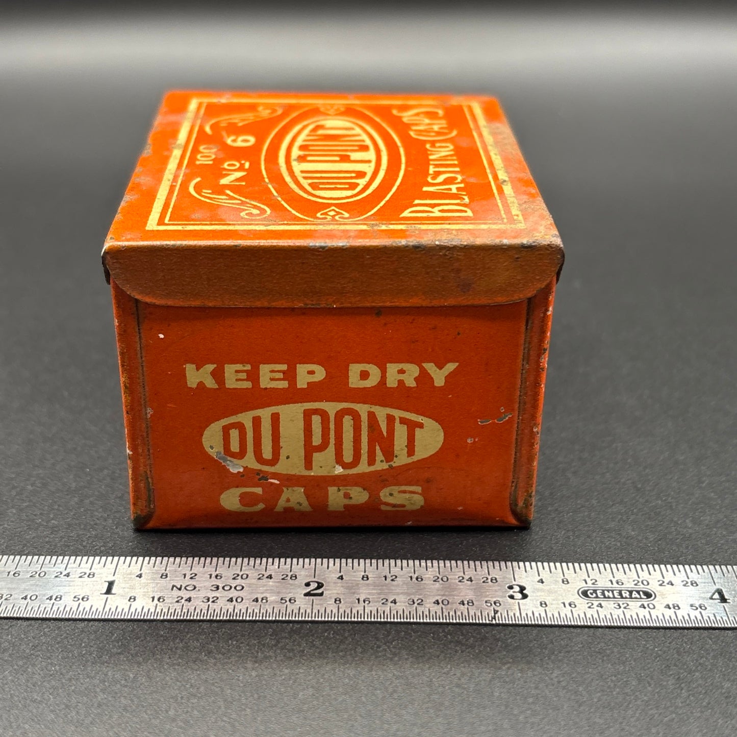 Vintage DuPont Blasting Caps Tin No. 6 – Mining Explosives Container – Industrial Mining Relic