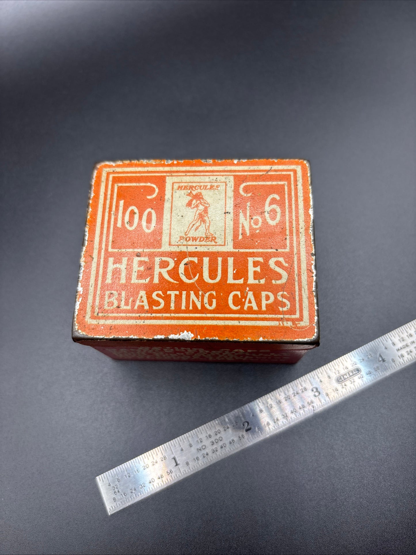 Hercules Powder Co. No. 6 Blasting Caps Tin – 100 Count – Vintage Orange