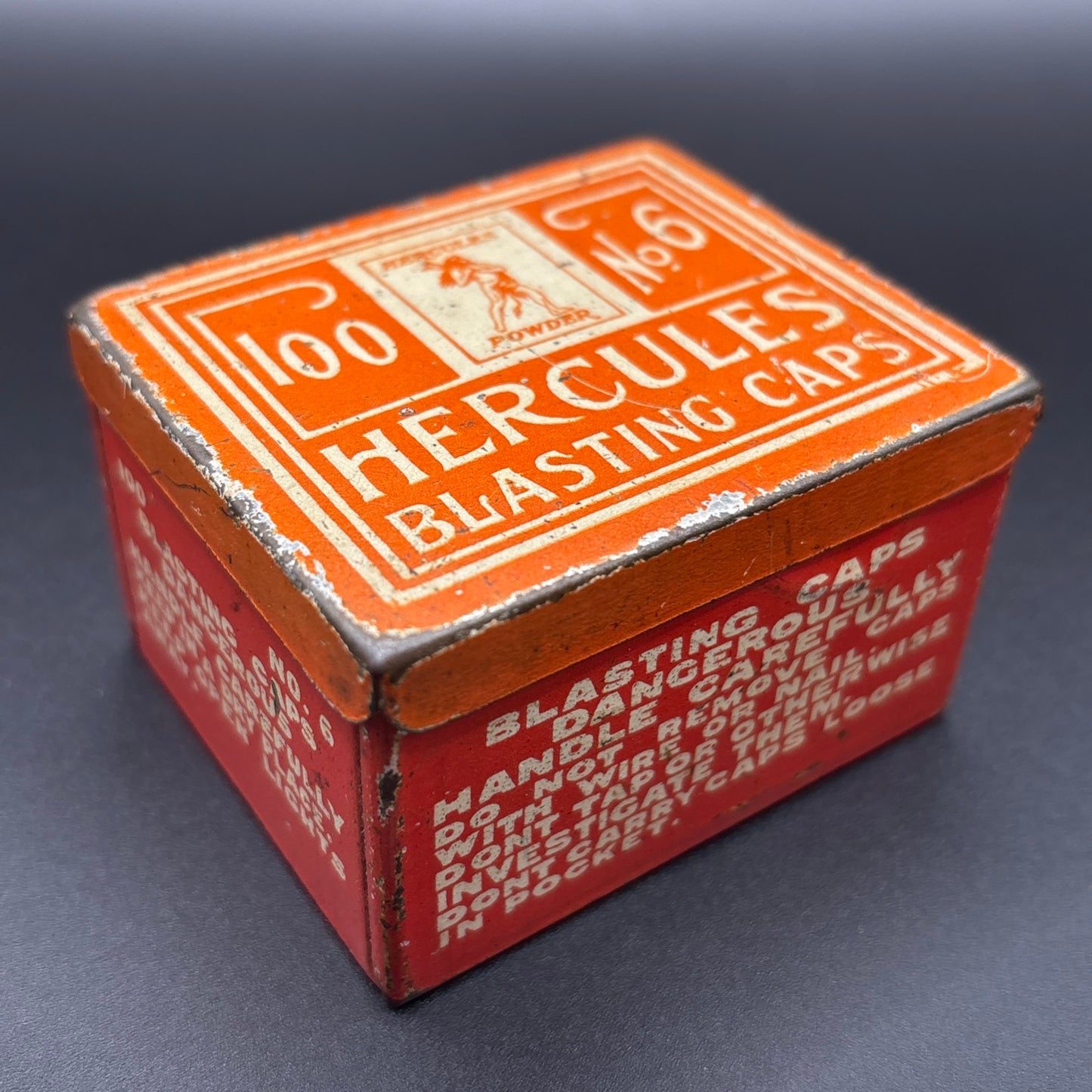 Hercules Powder Co. No. 6 Blasting Caps Tin – 100 Count – Vintage Orange