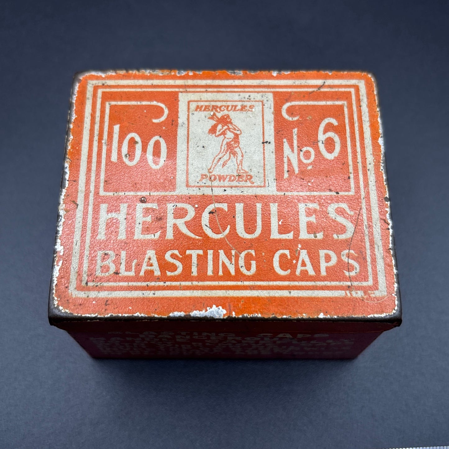 Hercules Powder Co. No. 6 Blasting Caps Tin – 100 Count – Vintage Orange