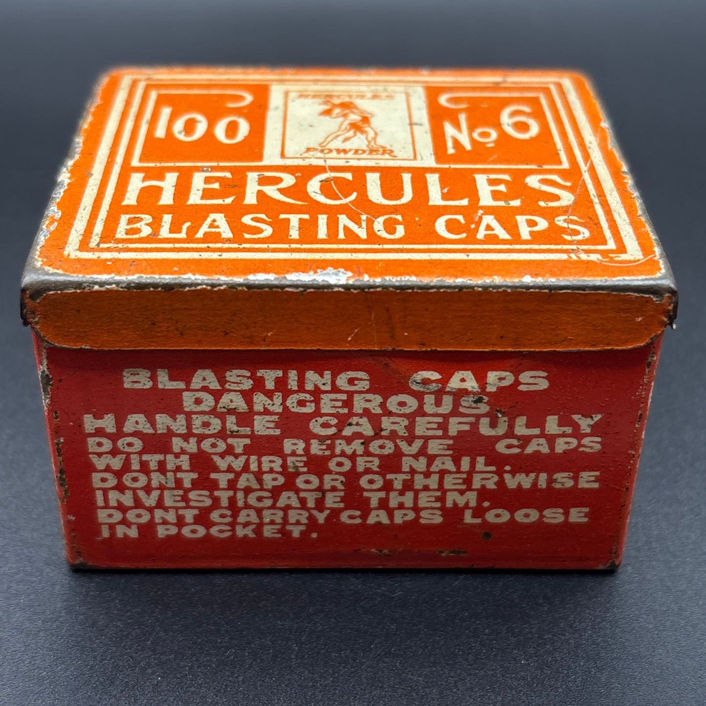 Hercules Powder Co. No. 6 Blasting Caps Tin – 100 Count – Vintage Orange