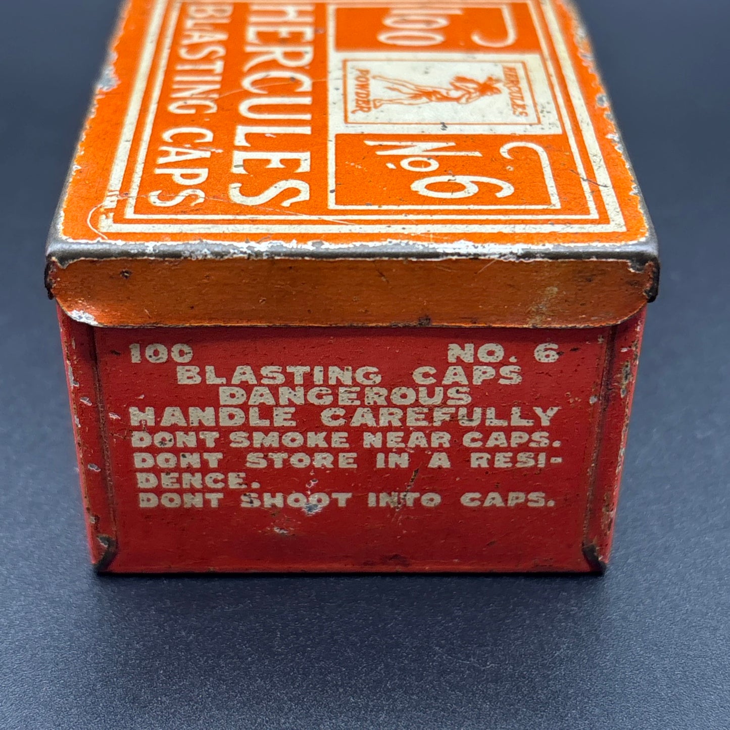 Hercules Powder Co. No. 6 Blasting Caps Tin – 100 Count – Vintage Orange