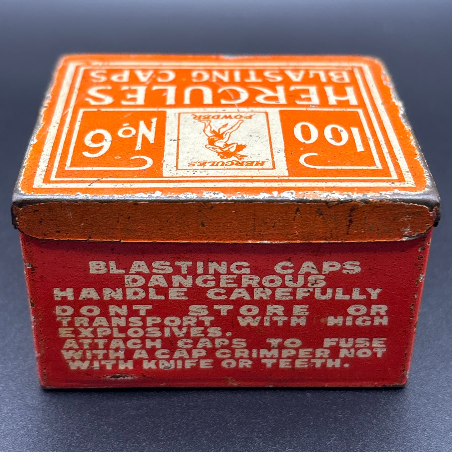 Hercules Powder Co. No. 6 Blasting Caps Tin – 100 Count – Vintage Orange