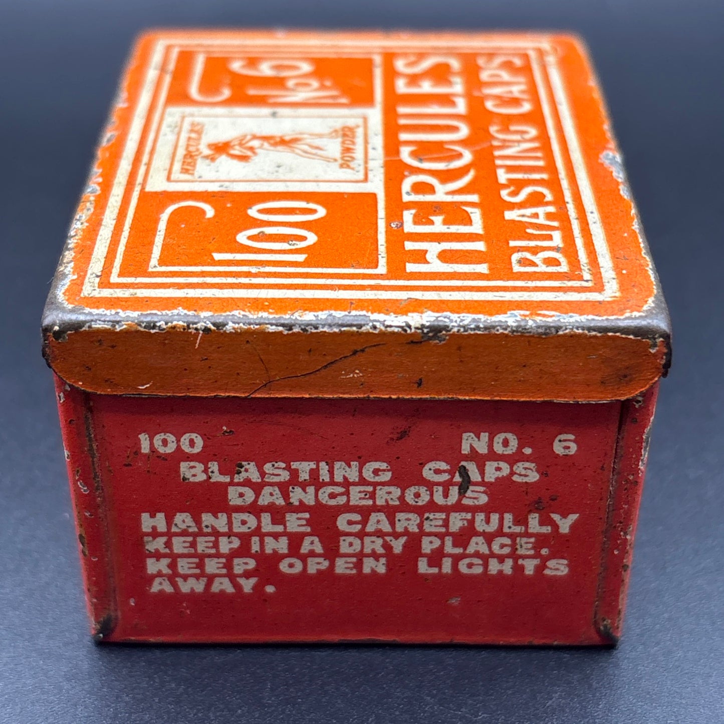 Hercules Powder Co. No. 6 Blasting Caps Tin – 100 Count – Vintage Orange