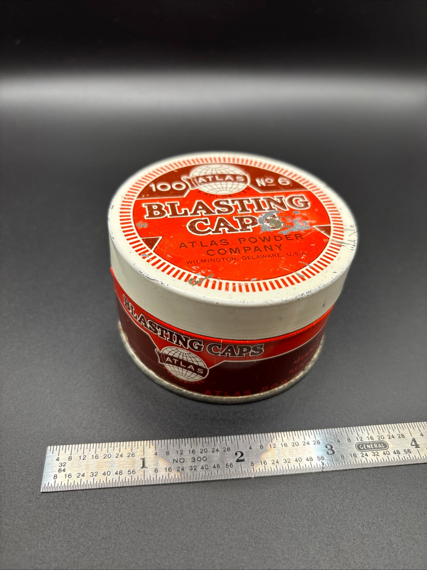 Atlas Powder Company No. 6 Blasting Caps Tin – 100 Count – Antique Round Tin