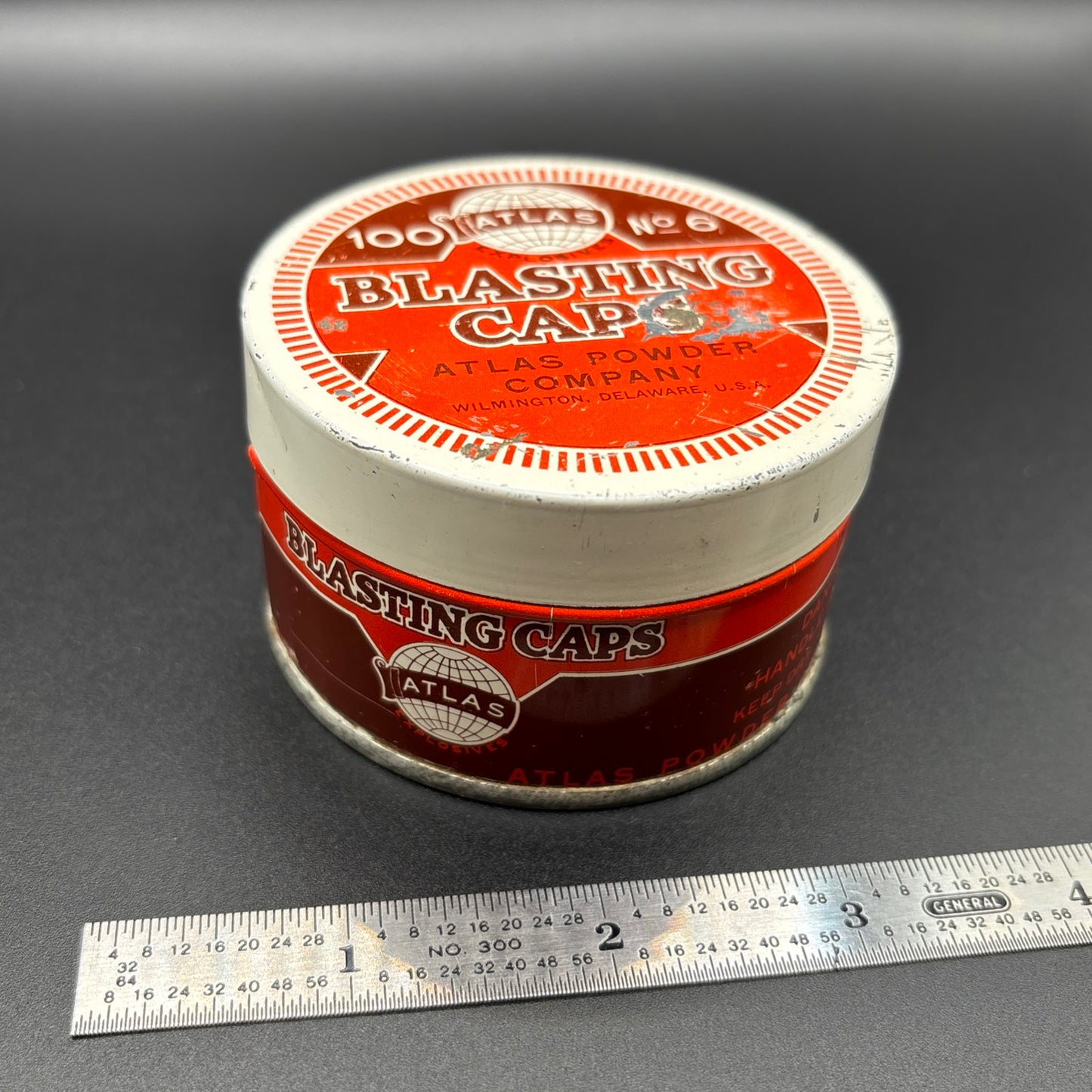 Atlas Powder Company No. 6 Blasting Caps Tin – 100 Count – Antique Round Tin