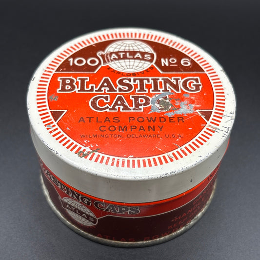 Atlas Powder Company No. 6 Blasting Caps Tin – 100 Count – Antique Round Tin