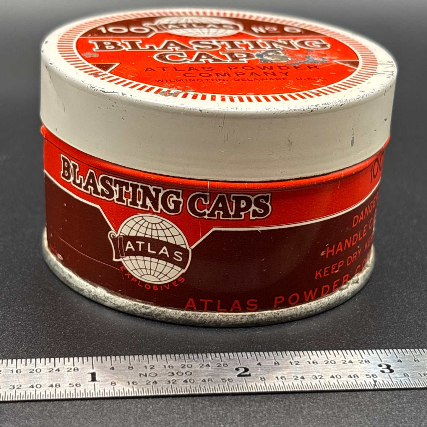 Atlas Powder Company No. 6 Blasting Caps Tin – 100 Count – Antique Round Tin