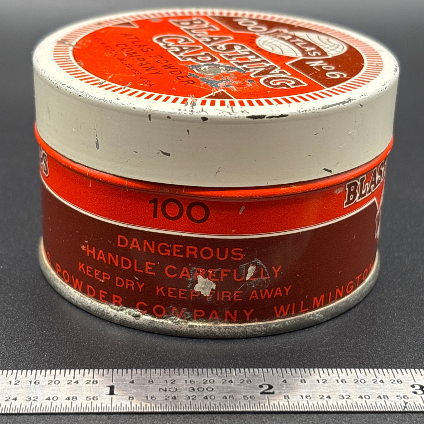 Atlas Powder Company No. 6 Blasting Caps Tin – 100 Count – Antique Round Tin
