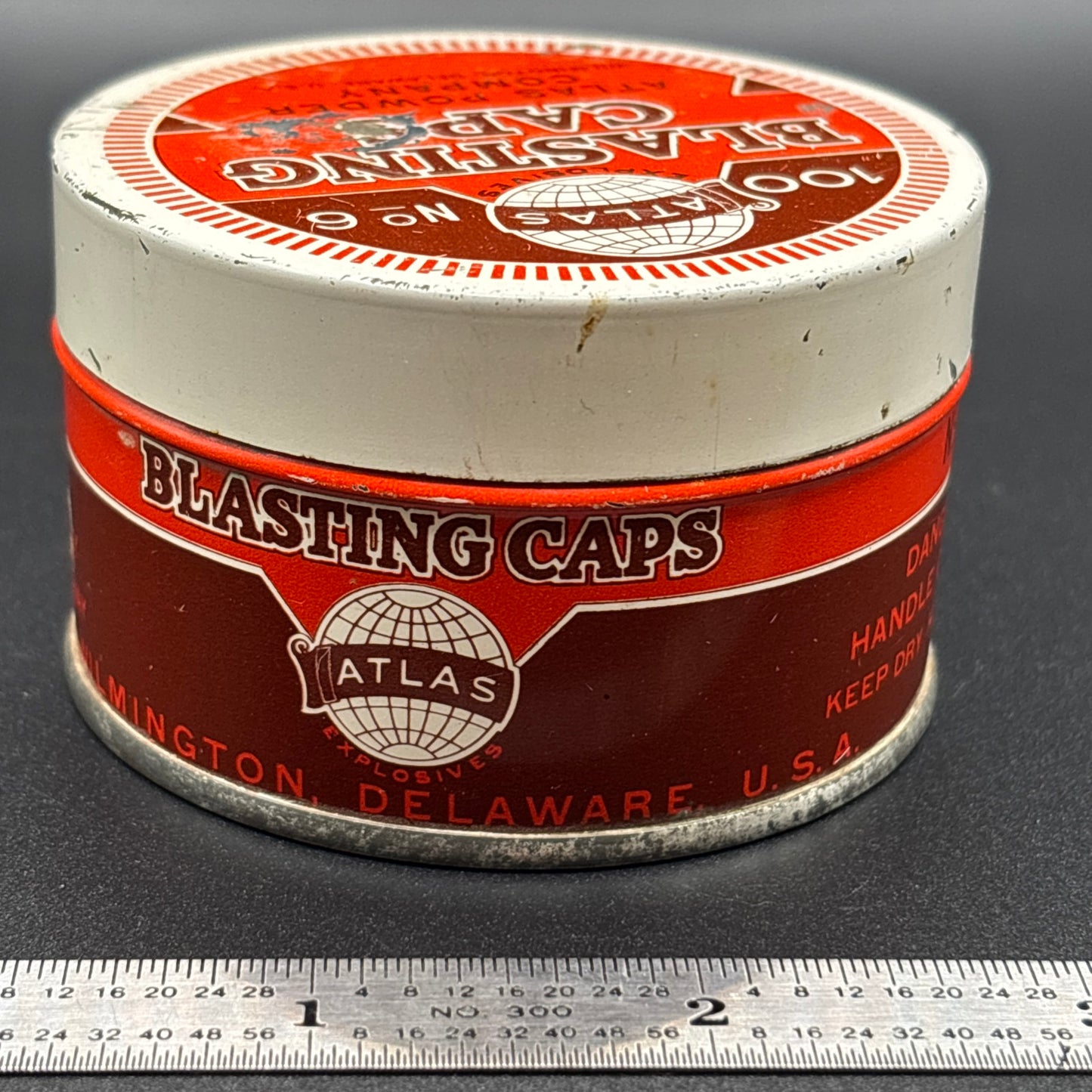 Atlas Powder Company No. 6 Blasting Caps Tin – 100 Count – Antique Round Tin