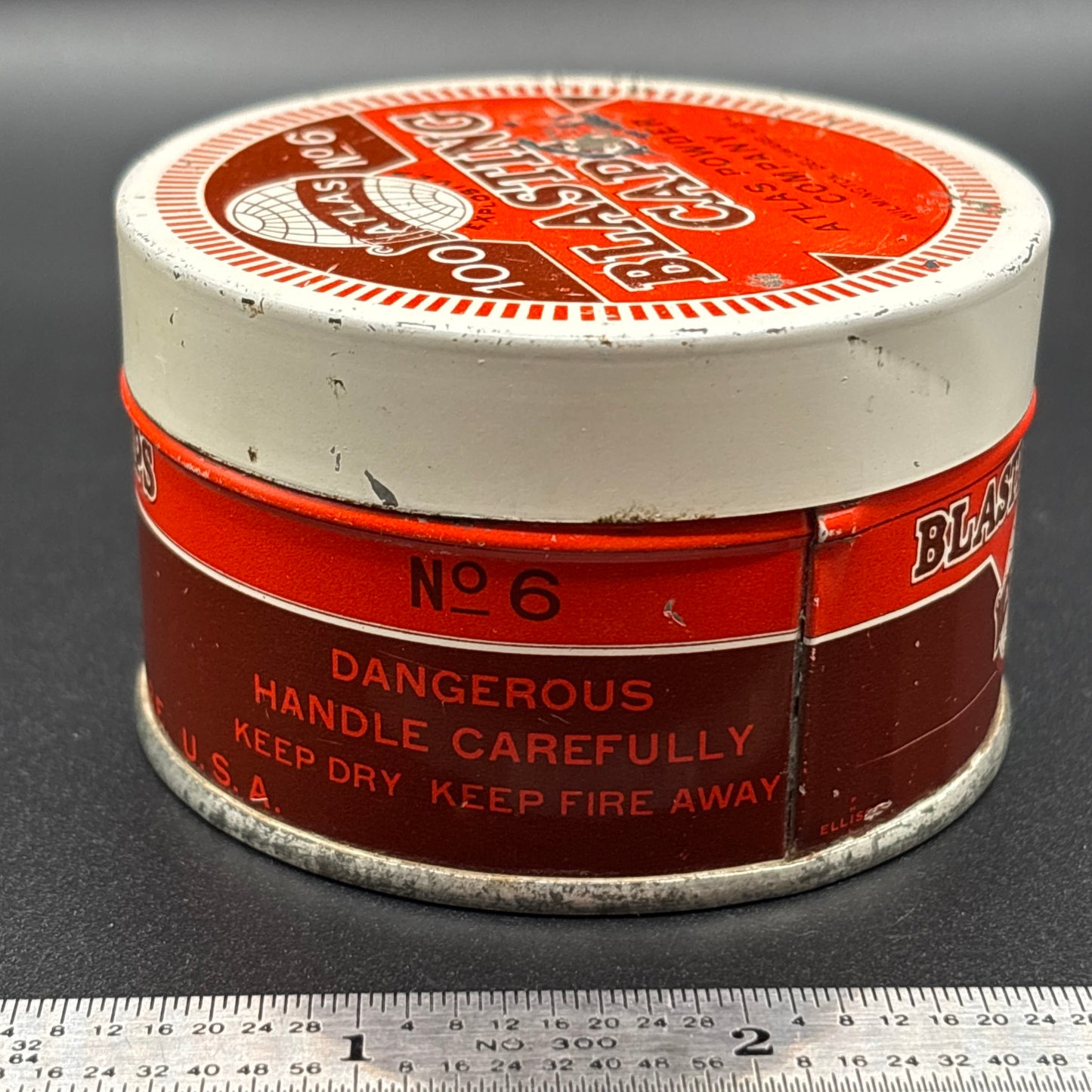 Atlas Powder Company No. 6 Blasting Caps Tin – 100 Count – Antique Round Tin