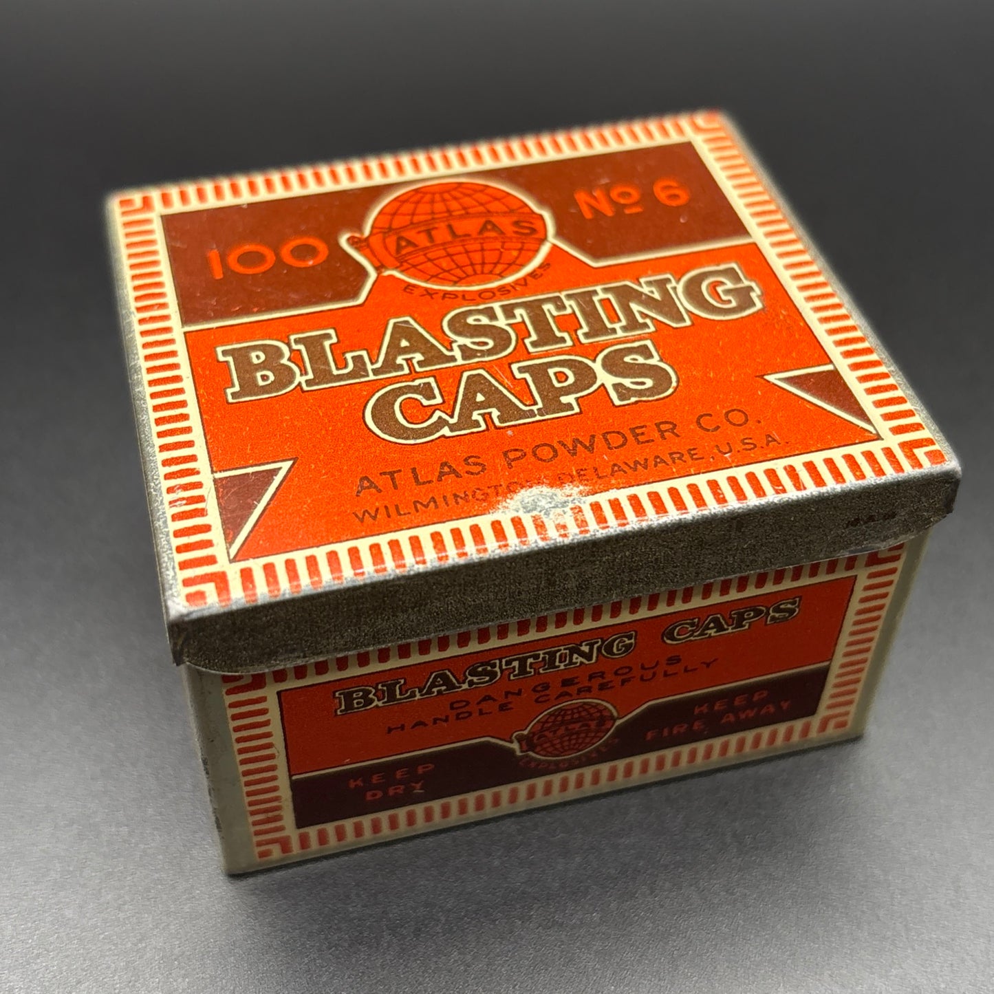Atlas Powder Co. No. 6 Blasting Caps Tin – 100 Count – Antique Lithographed Tin