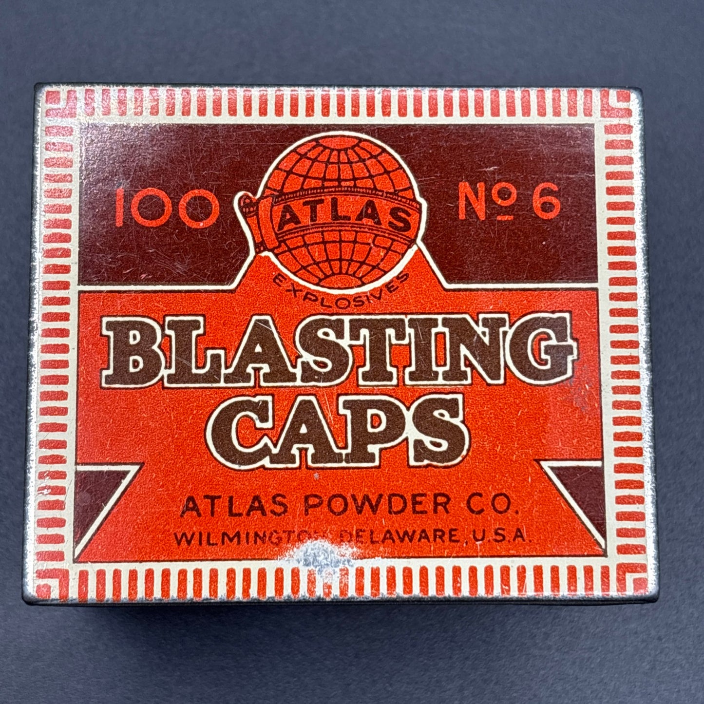 Atlas Powder Co. No. 6 Blasting Caps Tin – 100 Count – Antique Lithographed Tin
