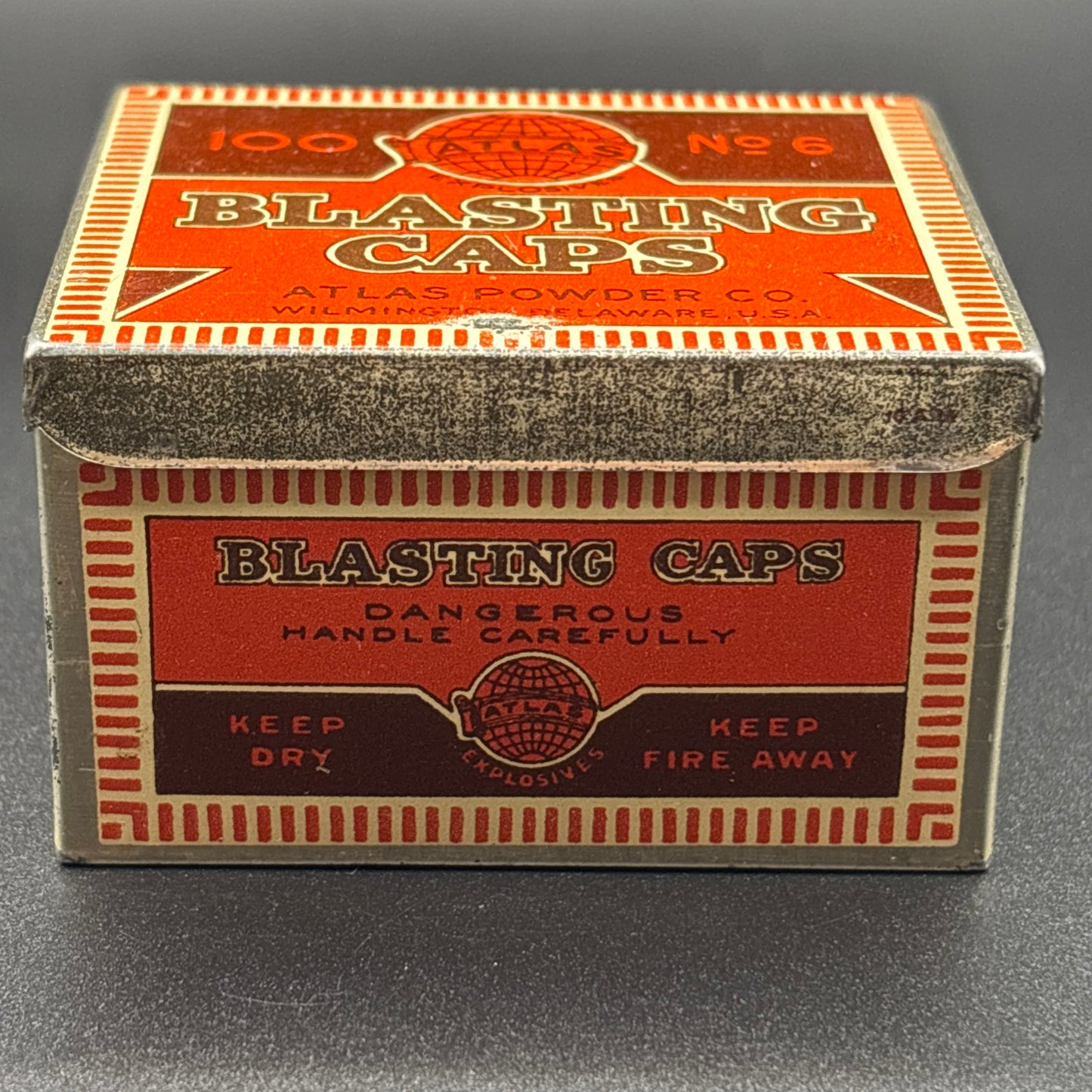 Atlas Powder Co. No. 6 Blasting Caps Tin – 100 Count – Antique Lithographed Tin