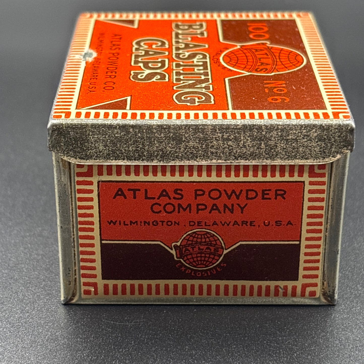 Atlas Powder Co. No. 6 Blasting Caps Tin – 100 Count – Antique Lithographed Tin