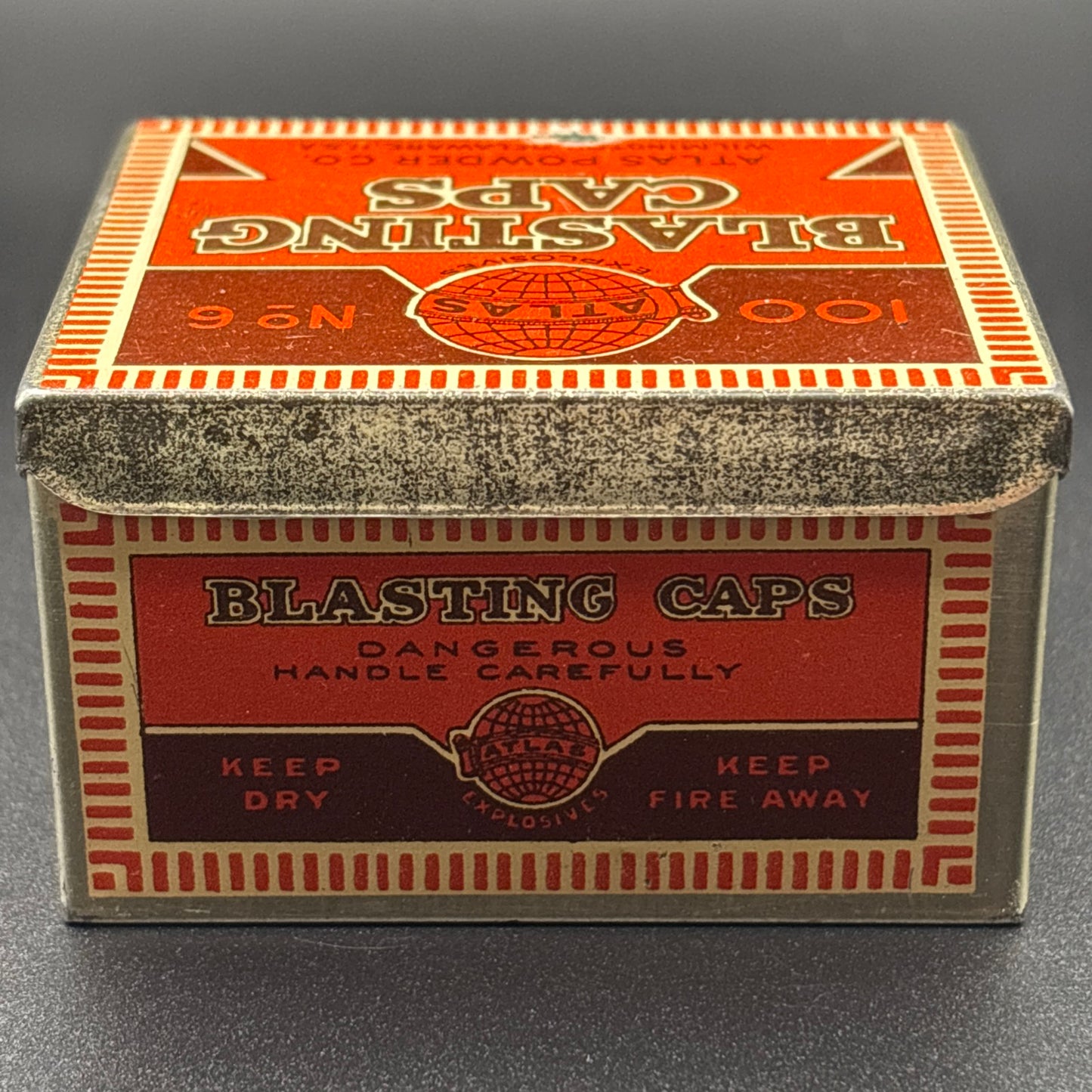 Atlas Powder Co. No. 6 Blasting Caps Tin – 100 Count – Antique Lithographed Tin
