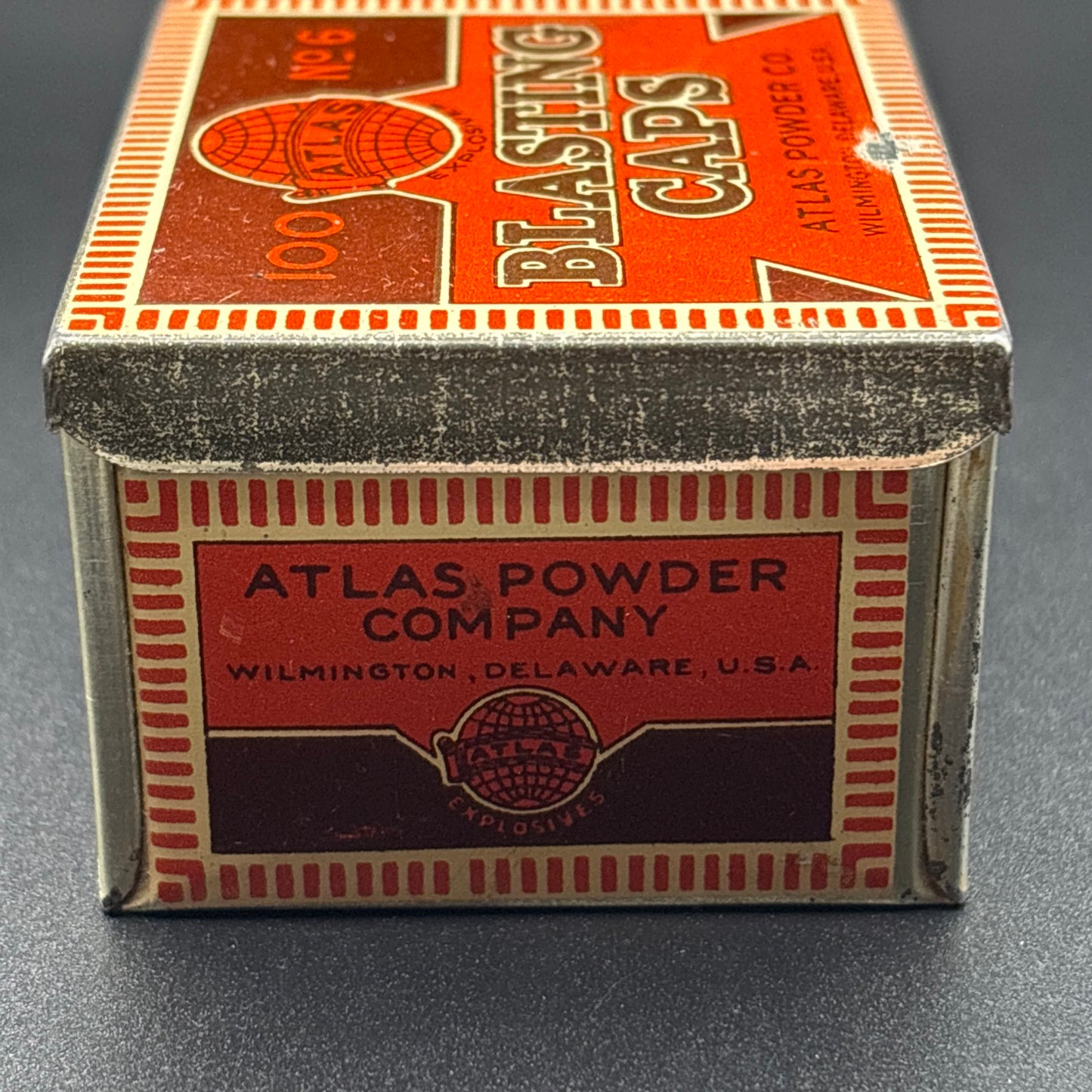 Atlas Powder Co. No. 6 Blasting Caps Tin – 100 Count – Antique Lithographed Tin
