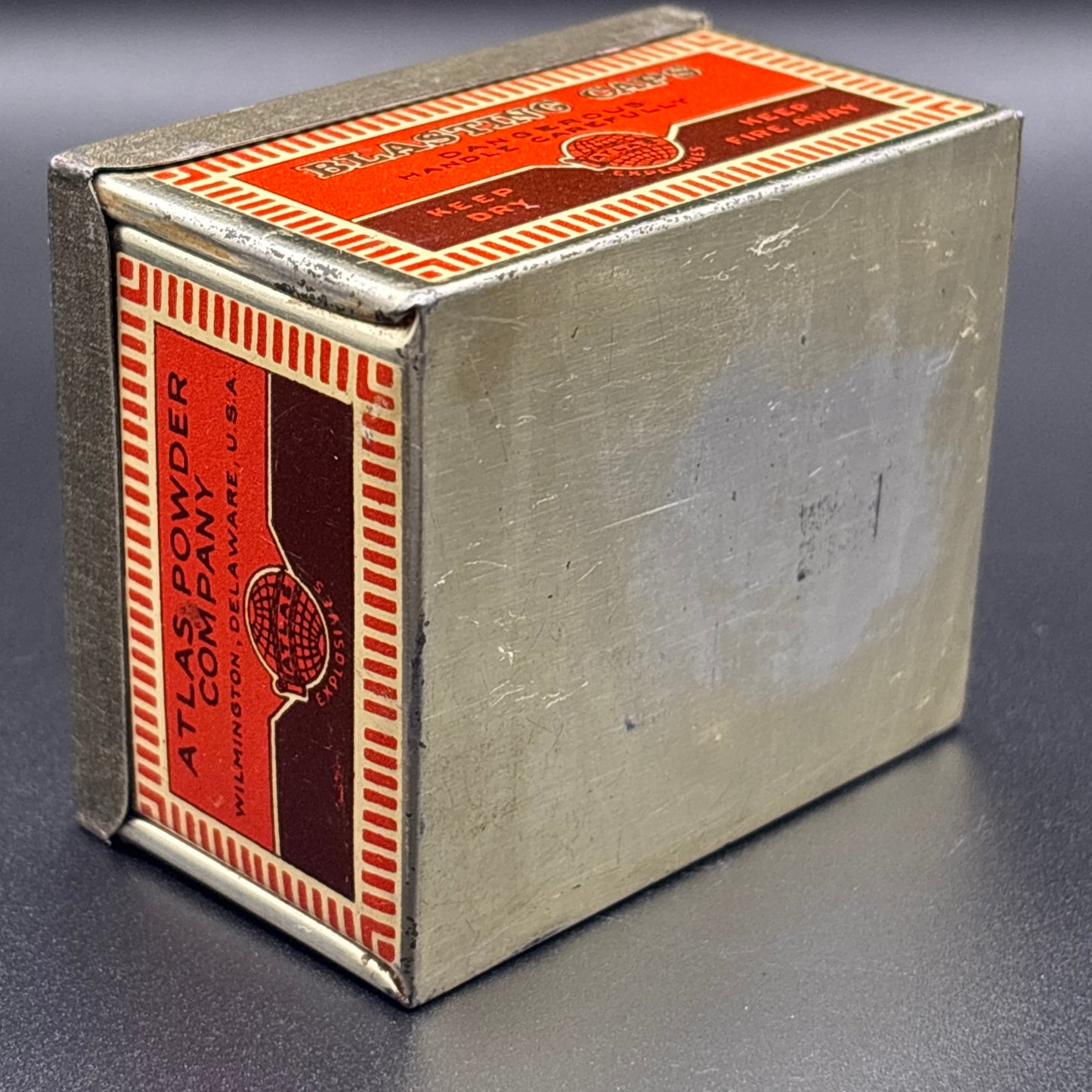 Atlas Powder Co. No. 6 Blasting Caps Tin – 100 Count – Antique Lithographed Tin