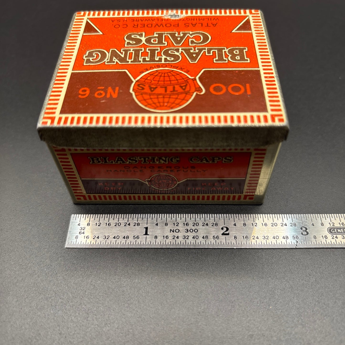Atlas Powder Co. No. 6 Blasting Caps Tin – 100 Count – Antique Lithographed Tin