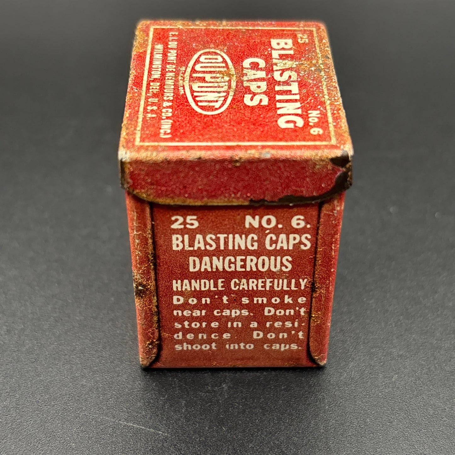 Vintage DuPont No. 6 Blasting Caps Tin – 25 Count – Antique Mining Explosives Container