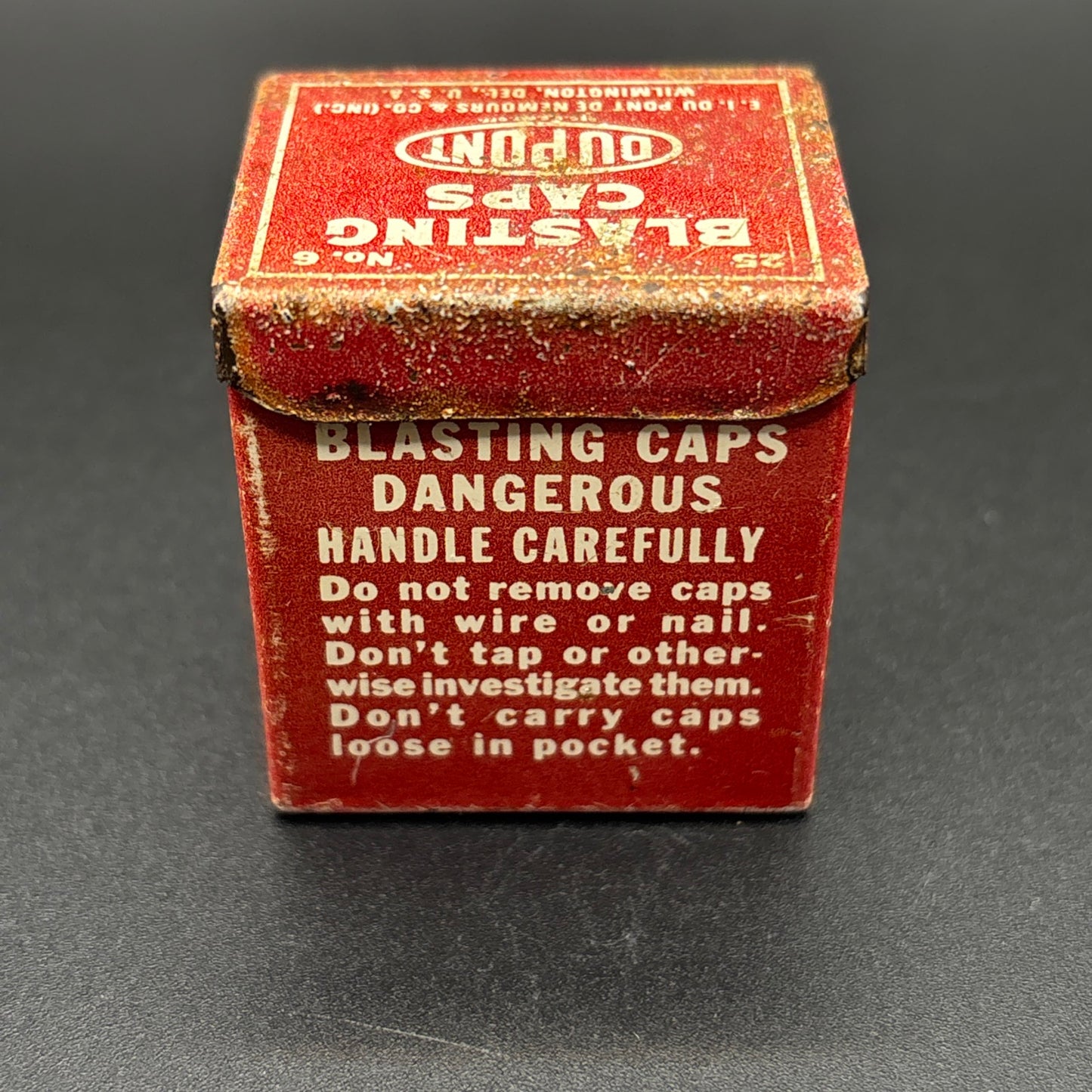 Vintage DuPont No. 6 Blasting Caps Tin – 25 Count – Antique Mining Explosives Container