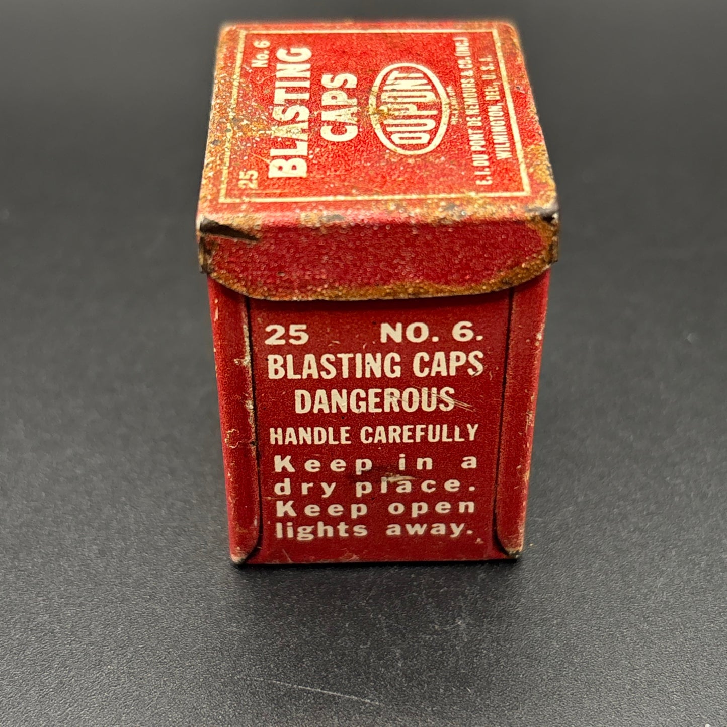 Vintage DuPont No. 6 Blasting Caps Tin – 25 Count – Antique Mining Explosives Container