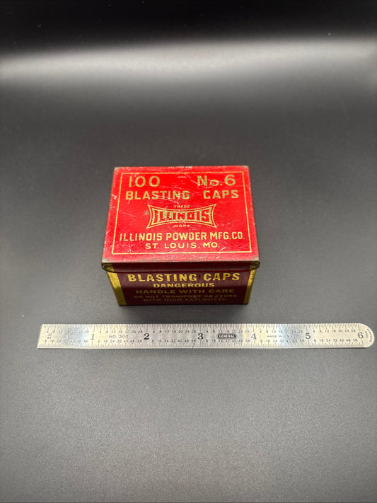 Illinois Powder Mfg. Co. No. 6 Blasting Caps Tin – 100 Count – Red & Gold
