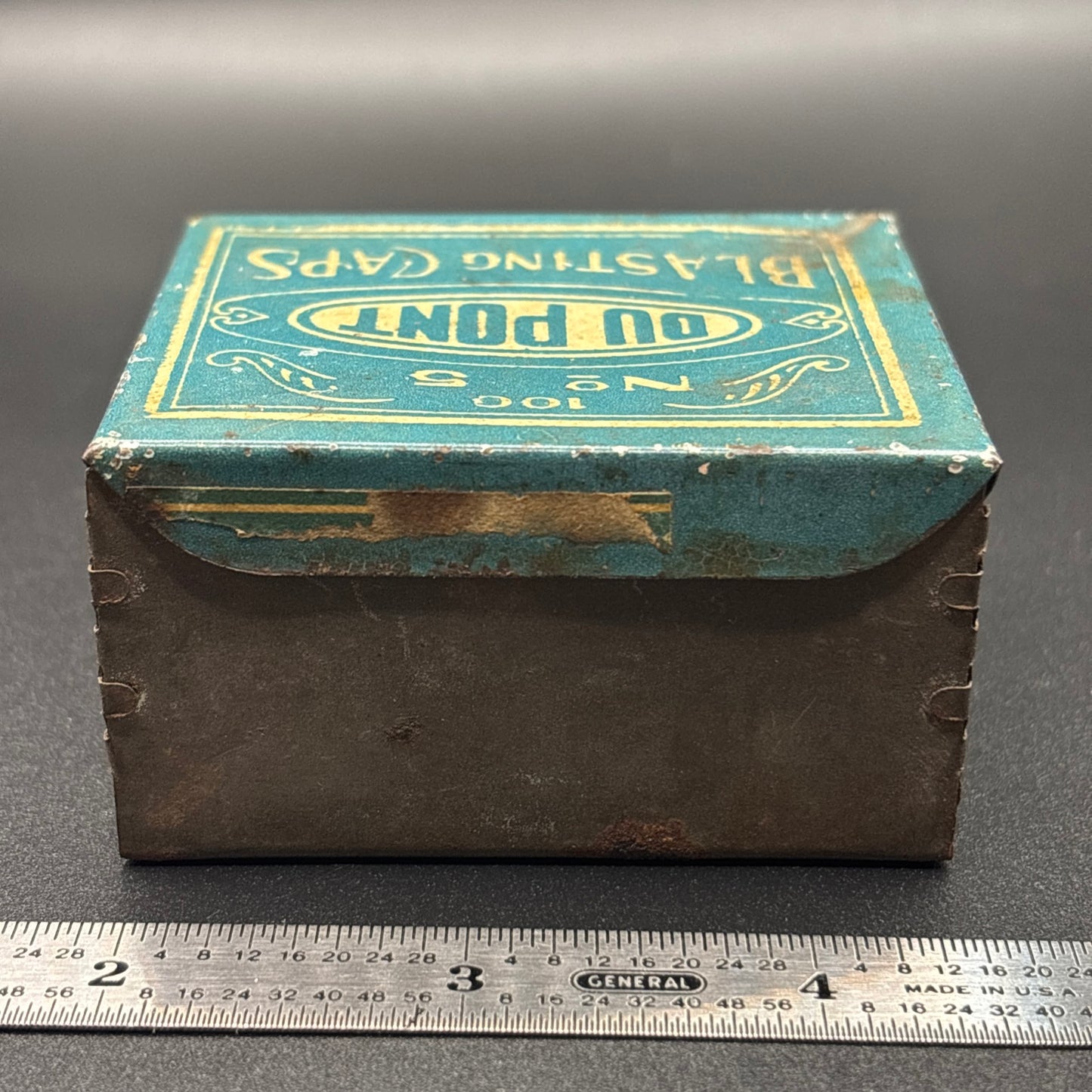 Vintage Tin DuPont Blasting Powder Cap Tin 100 No 5 - Empty Rare Blue/green