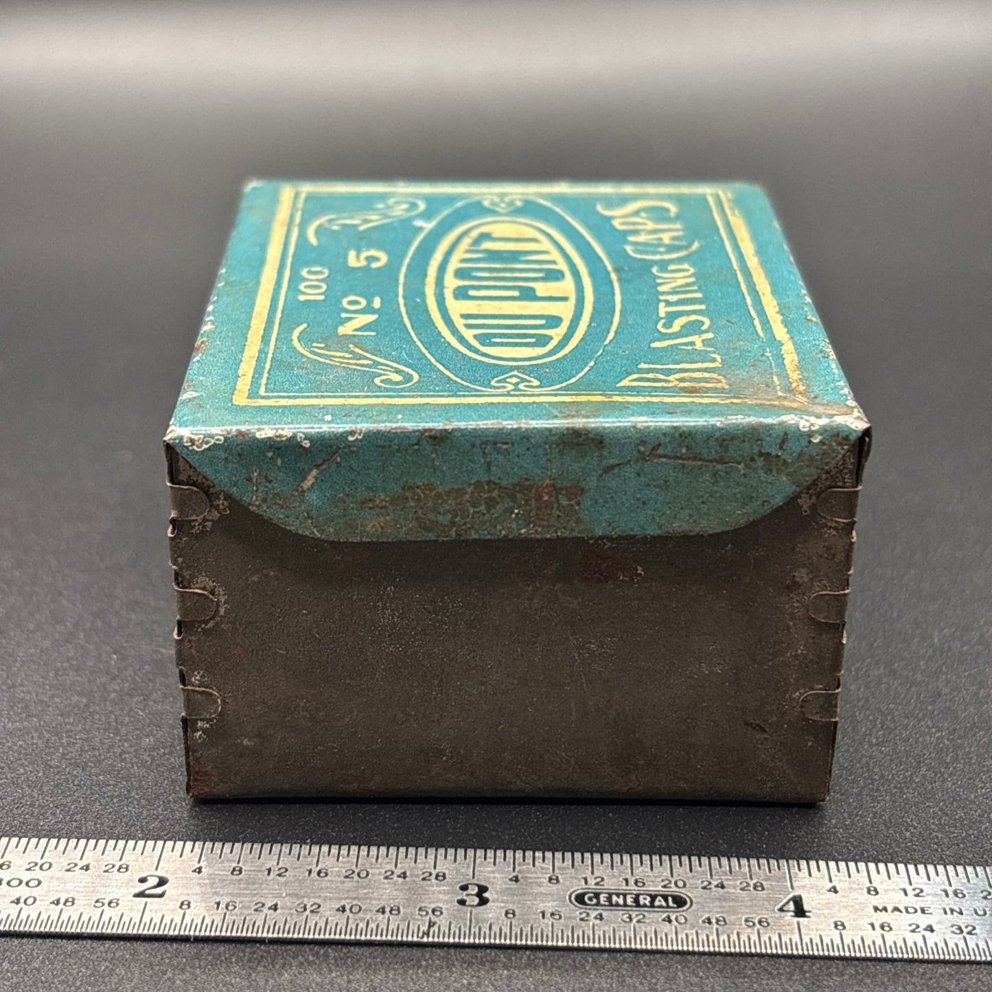Vintage Tin DuPont Blasting Powder Cap Tin 100 No 5 - Empty Rare Blue/green