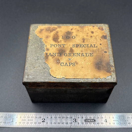 EXTREMELY RARE DuPont Special Hand Grenade Caps Tin – Early Explosives Container – Mining & Industrial Relic